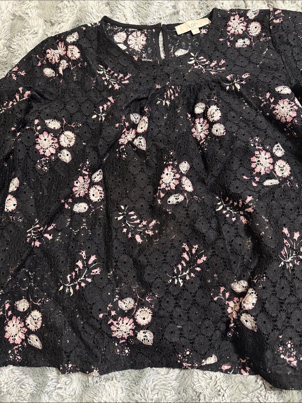 LOFT Black Lace Top with Pink Floral Embroidery
